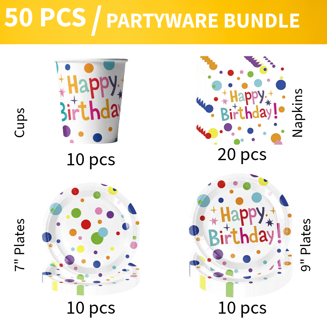 50pc Rainbow Birthday Partyware Bundle