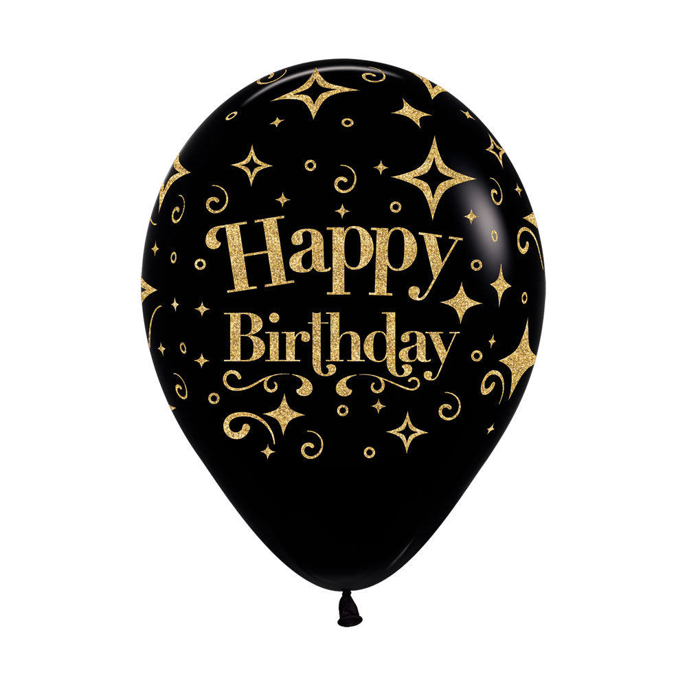 Fashion Black & Gold Confetti Happy Birthday Round Latex Balloon