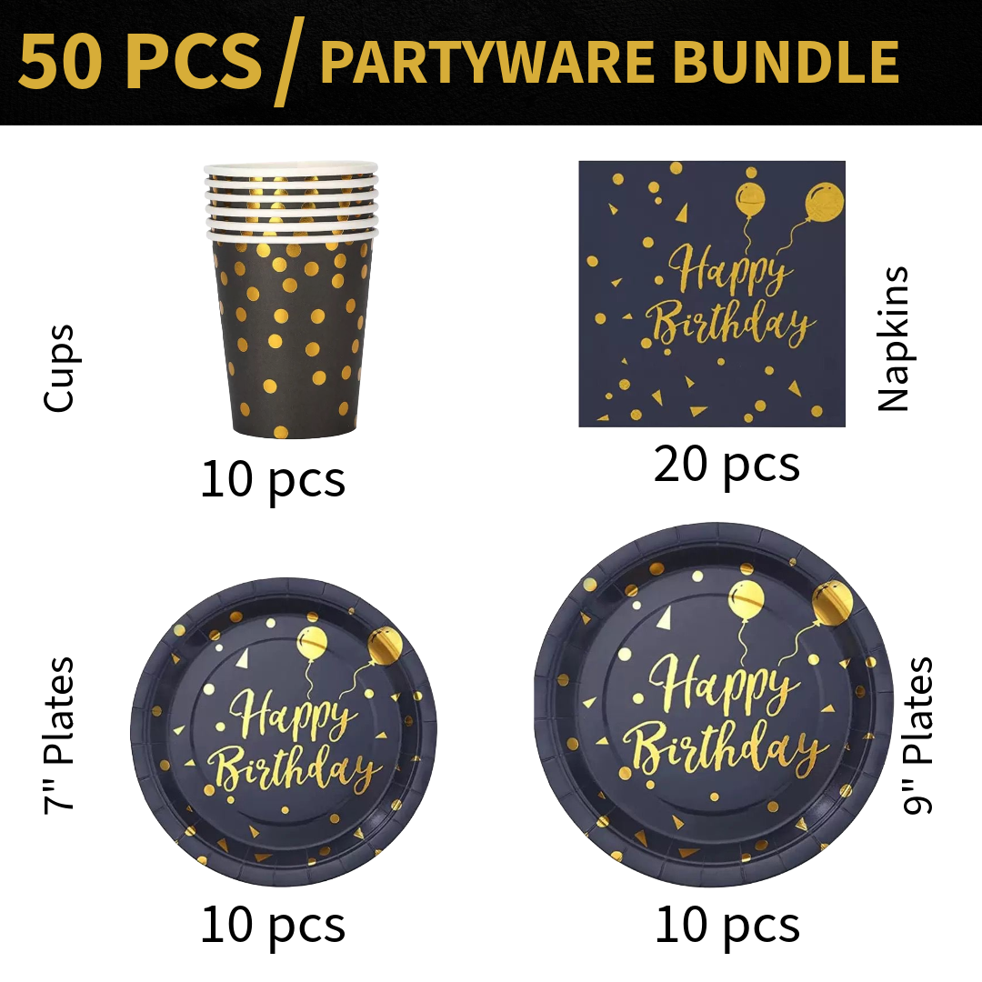 50pc Black & Gold Birthday Partyware Bundle