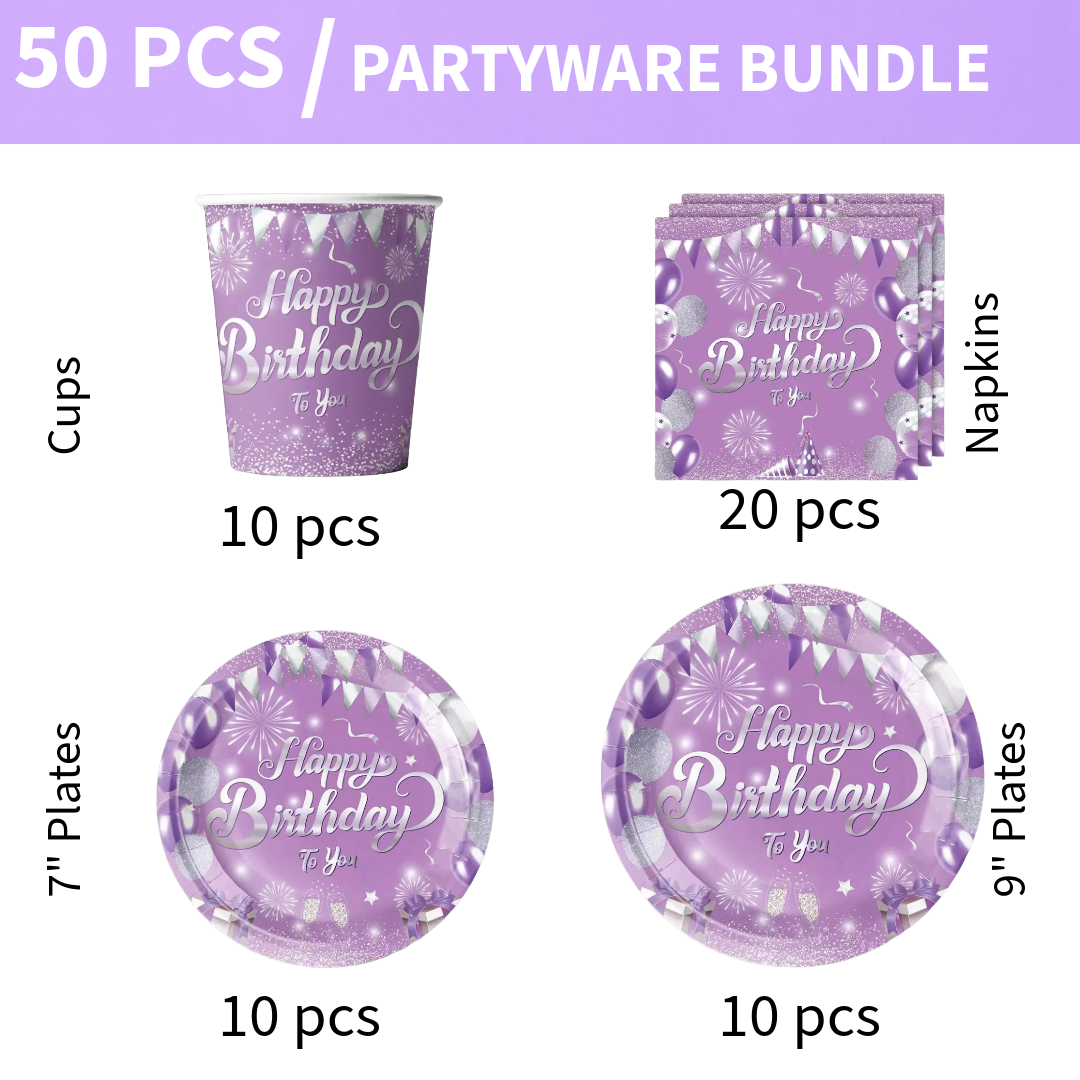 50pc Purple Birthday Partyware Bundle