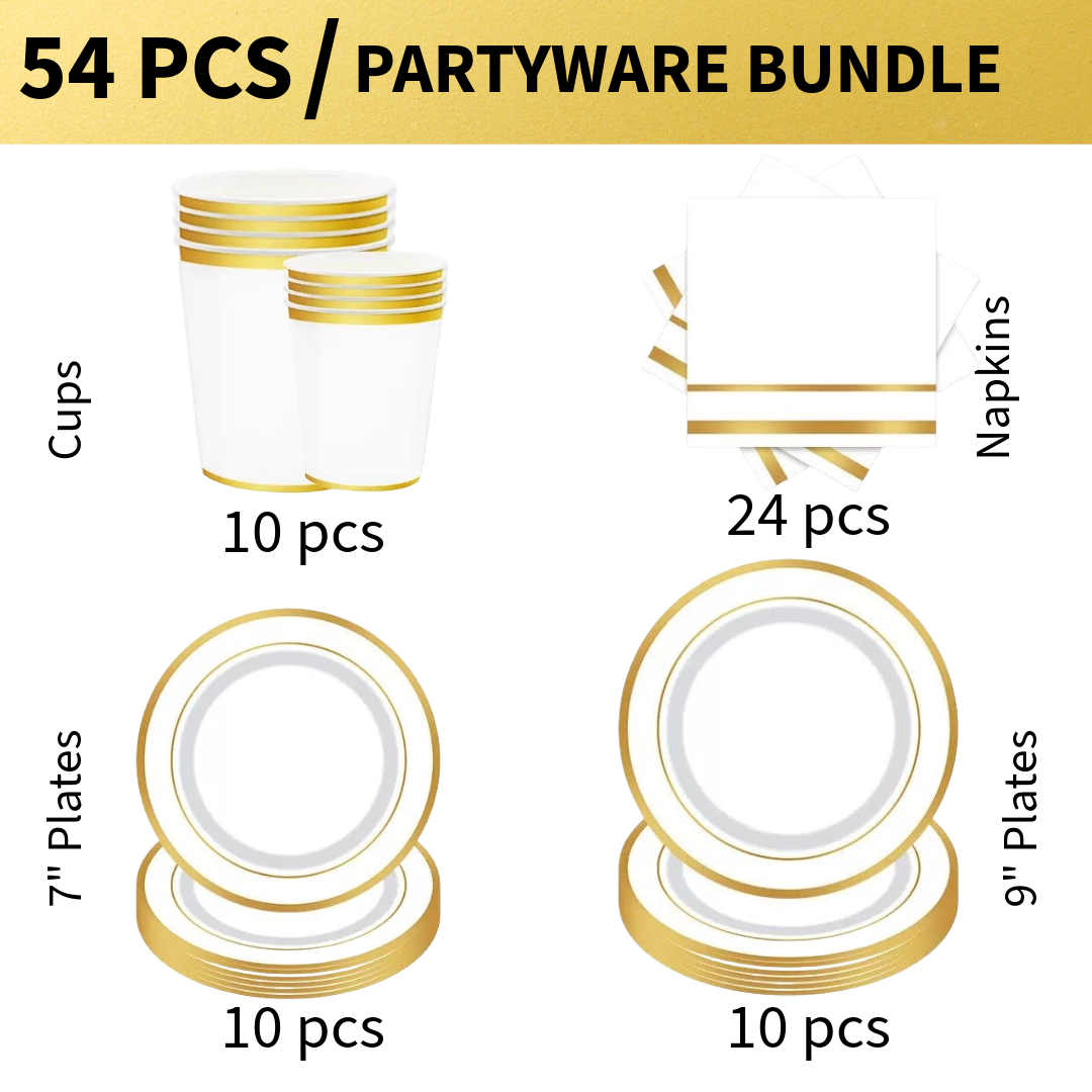54pc Gold & White Partyware Bundle