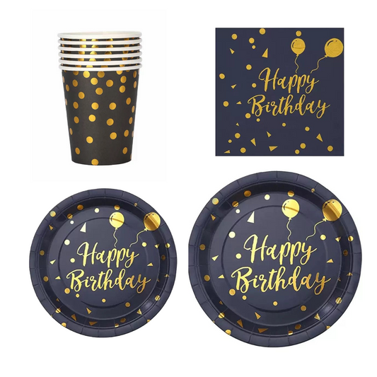 50pc Black & Gold Birthday Partyware Bundle