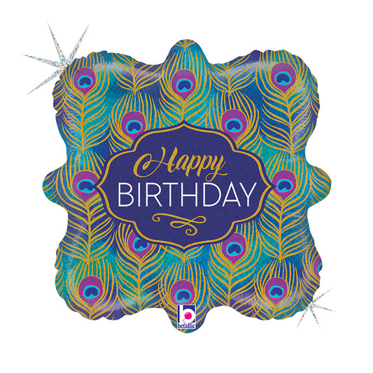 18" Square Glitter Peacock Birthday Foil Balloon